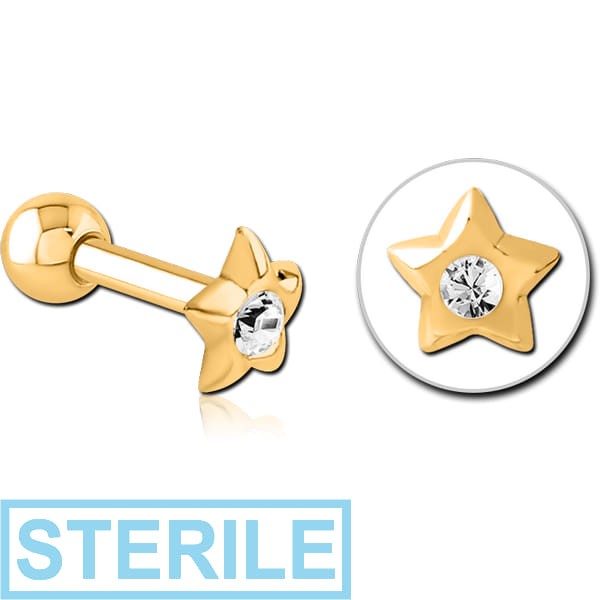 STERILE GOLD PVD COATED SURGICAL STEEL JEWELLED TRAGUS MICRO BARBELL - STAR