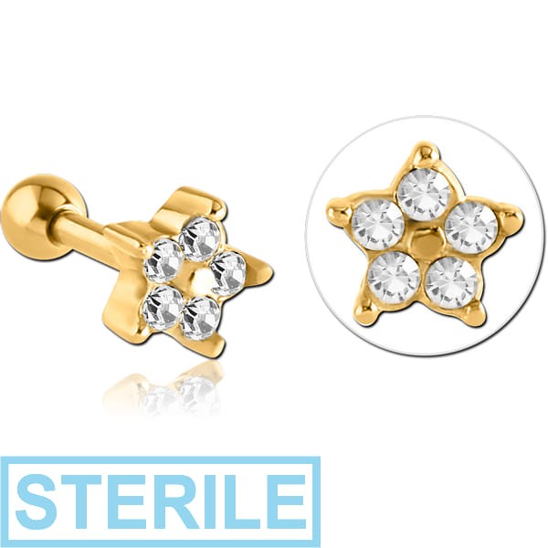 STERILE GOLD PVD COATED SURGICAL STEEL JEWELLED TRAGUS MICRO BARBELL - FLOWER