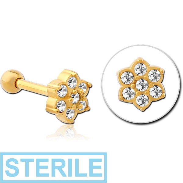 STERILE GOLD PVD COATED SURGICAL STEEL JEWELLED TRAGUS MICRO BARBELL - FLOWER