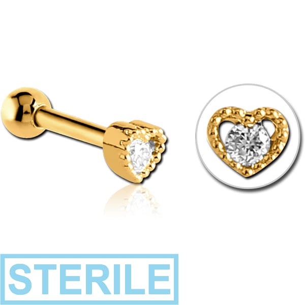 STERILE GOLD PVD COATED SURGICAL STEEL JEWELLED TRAGUS MICRO BARBELL - HEART