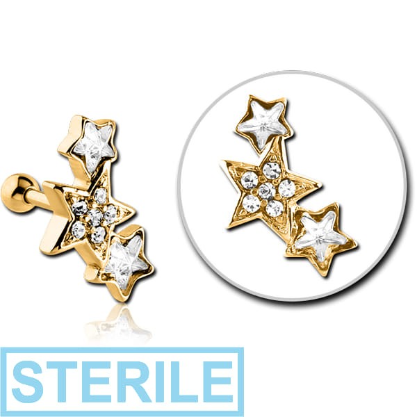 STERILE GOLD PVD COATED SURGICAL STEEL JEWELLED TRAGUS MICRO BARBELL - THREE STARS