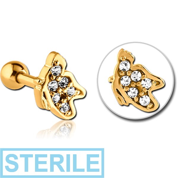 STERILE GOLD PVD COATED SURGICAL STEEL JEWELLED TRAGUS MICRO BARBELL - BUTTERFLY