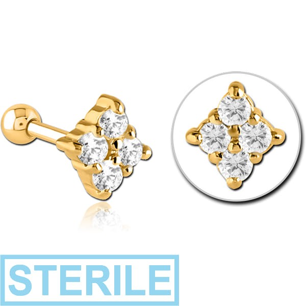 STERILE GOLD PVD COATED SURGICAL STEEL JEWELLED TRAGUS MICRO BARBELL - RHOMBUS