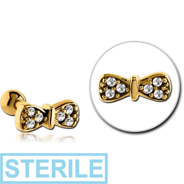 STERILE GOLD PVD COATED SURGICAL STEEL JEWELLED TRAGUS MICRO BARBELL - BOW