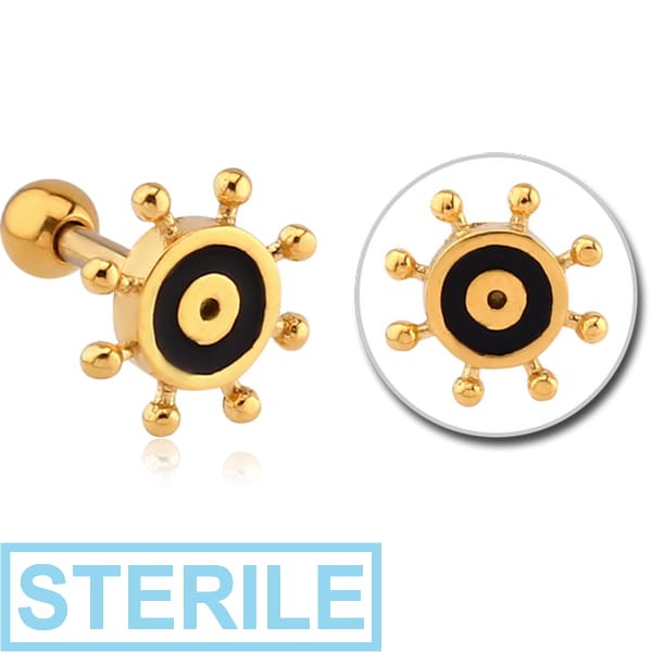 STERILE GOLD PVD COATED SURGICAL STEEL TRAGUS MICRO BARBELL WITH ENAMEL - SHIP WHEEL