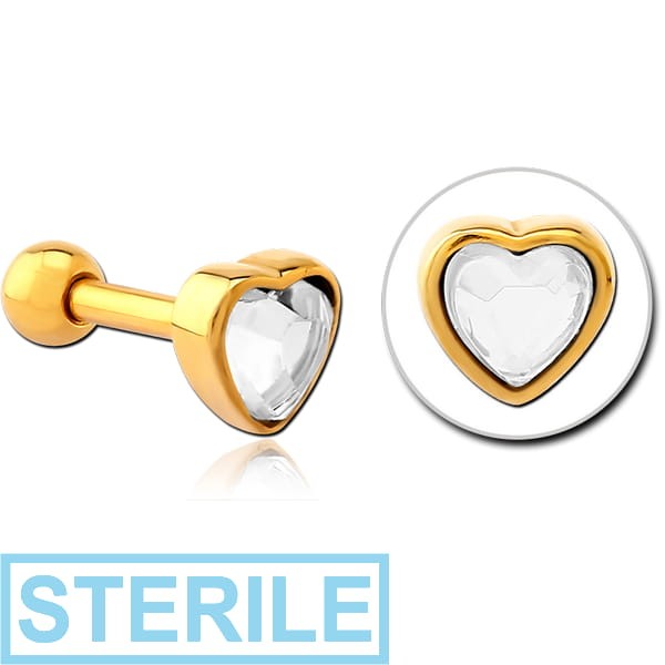 STERILE GOLD PVD COATED SURGICAL STEEL JEWELLED TRAGUS MICRO BARBELL - HEART