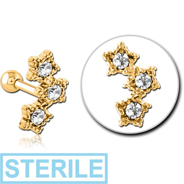 STERILE GOLD PVD COATED SURGICAL STEEL JEWELLED TRAGUS MICRO BARBELL - THREE STARS
