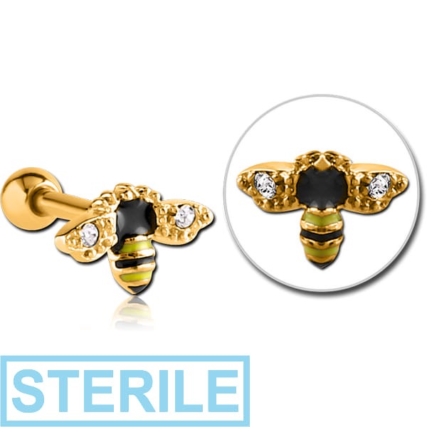 STERILE GOLD PVD COATED SURGICAL STEEL JEWELLED TRAGUS MICRO BARBELL WITH ENAMEL - BEE