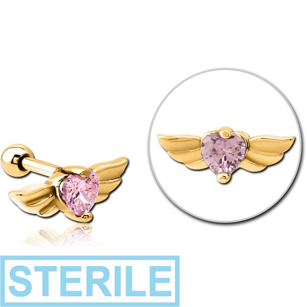 STERILE GOLD PVD COATED SURGICAL STEEL JEWELLED TRAGUS MICRO BARBELL - WINGED HEART