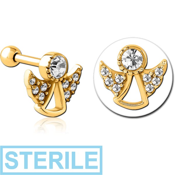 STERILE GOLD PVD COATED SURGICAL STEEL JEWELLED TRAGUS MICRO BARBELL - ANGLE