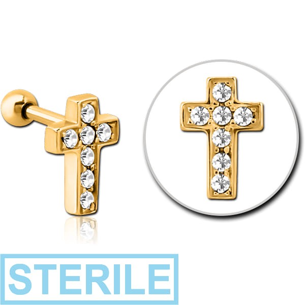 STERILE GOLD PVD COATED SURGICAL STEEL JEWELLED TRAGUS MICRO BARBELL - CROSS