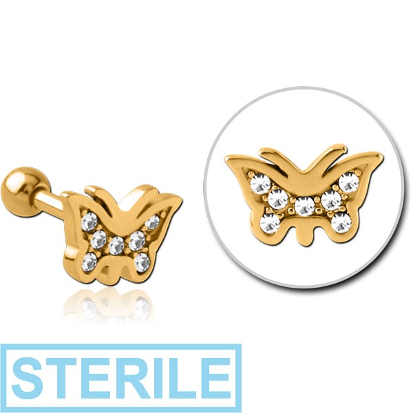 STERILE GOLD PVD COATED SURGICAL STEEL JEWELLED TRAGUS MICRO BARBELL - BUTTERFLY