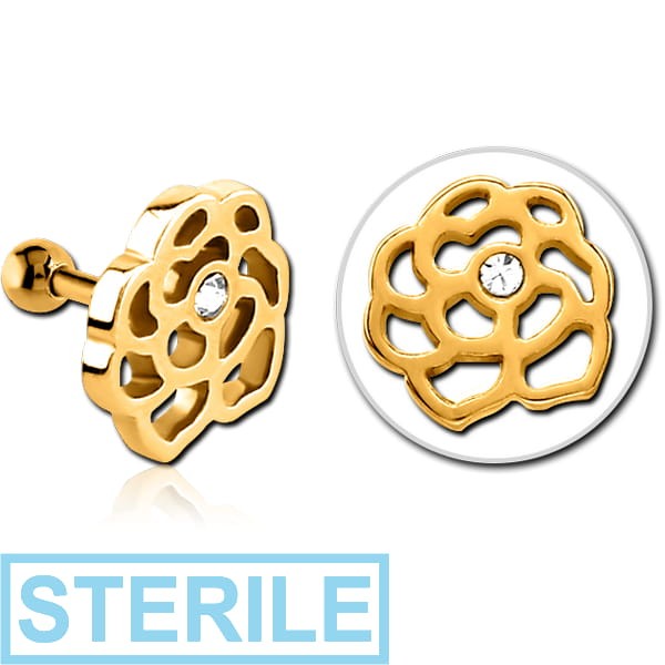STERILE GOLD PVD COATED SURGICAL STEEL JEWELLED TRAGUS MICRO BARBELL - FLOWER