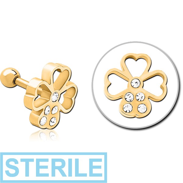 STERILE GOLD PVD COATED SURGICAL STEEL JEWELLED TRAGUS MICRO BARBELL - FLOWER
