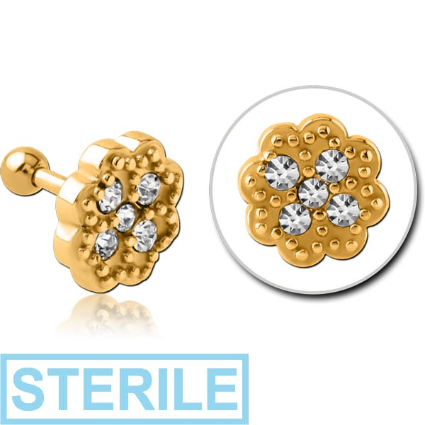 STERILE GOLD PVD COATED SURGICAL STEEL JEWELLED TRAGUS MICRO BARBELL