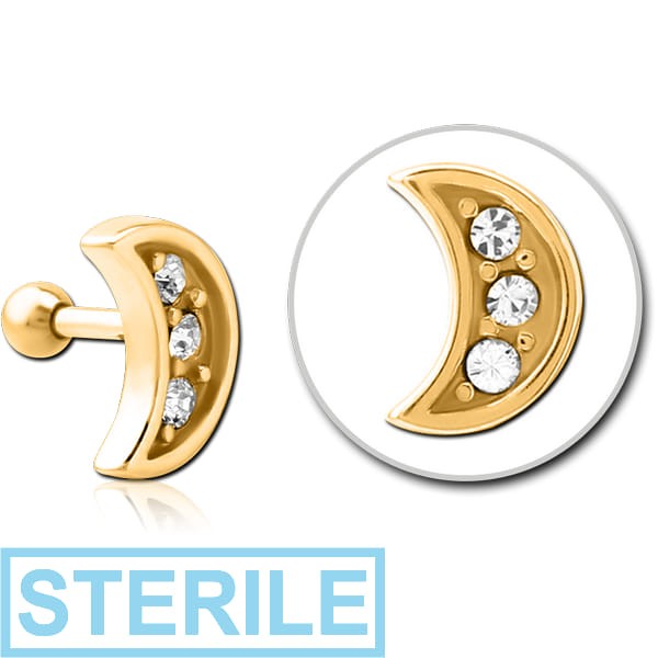 STERILE GOLD PVD COATED SURGICAL STEEL JEWELLED TRAGUS MICRO BARBELL - CRESCENT