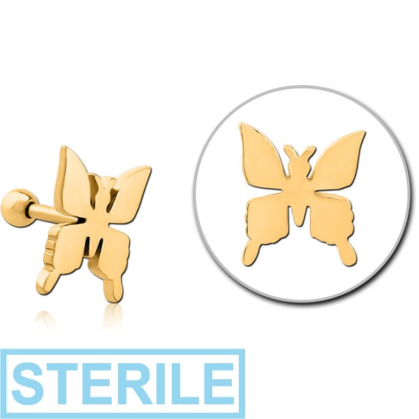 STERILE GOLD PVD COATED SURGICAL STEEL TRAGUS MICRO BARBELL - BUTTERFLY