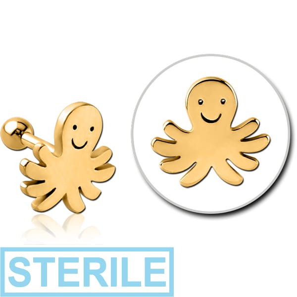 STERILE GOLD PVD COATED SURGICAL STEEL TRAGUS MICRO BARBELL - SQUID