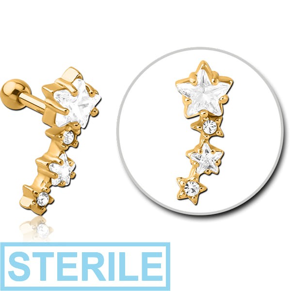 STERILE GOLD PVD COATED SURGICAL STEEL JEWELLED TRAGUS MICRO BARBELL - STARS