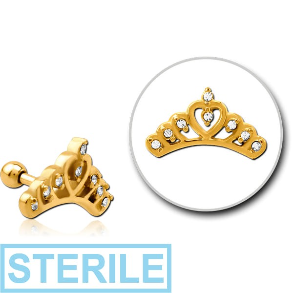 STERILE GOLD PVD COATED SURGICAL STEEL JEWELLED TRAGUS MICRO BARBELL - CROWN