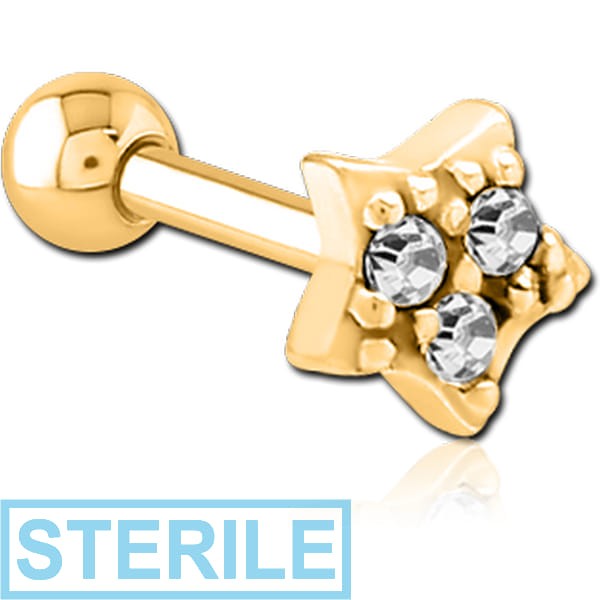 STERILE GOLD PVD COATED SURGICAL STEEL JEWELLED TRAGUS MICRO BARBELL - STAR PRONGS
