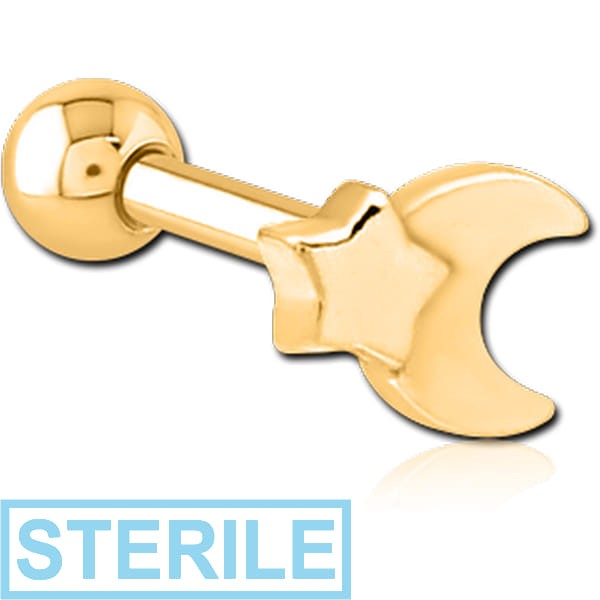 STERILE GOLD PVD COATED SURGICAL STEEL TRAGUS MICRO BARBELL - CRESCENT AND STAR