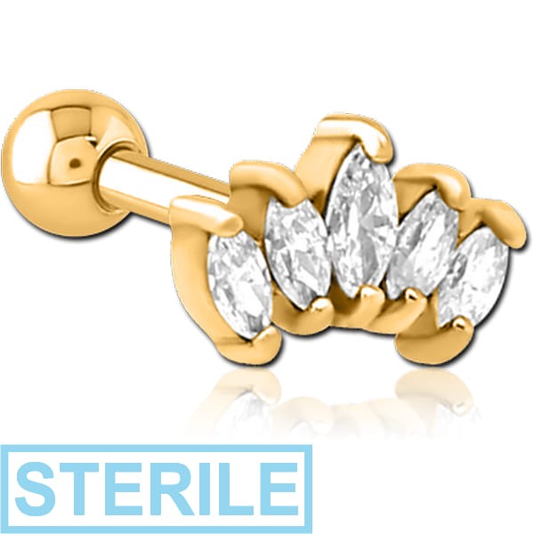 STERILE GOLD PVD COATED SURGICAL STEEL JEWELLED TRAGUS MICRO BARBELL - FIVE GEMS
