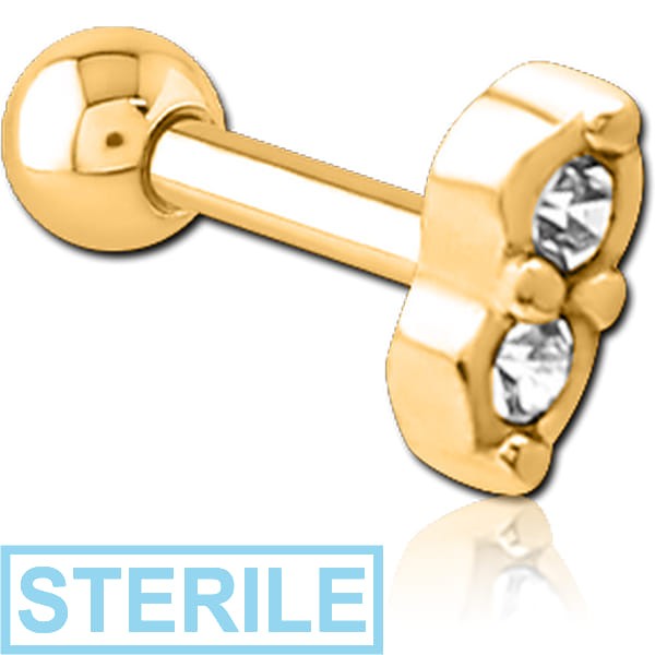 STERILE GOLD PVD COATED SURGICAL STEEL JEWELLED TRAGUS MICRO BARBELL - TWO GEMS EYES