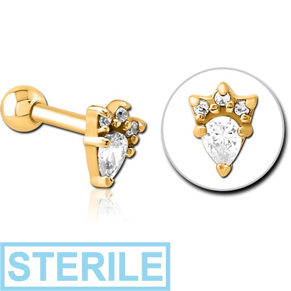 STERILE GOLD PVD COATED SURGICAL STEEL JEWELLED TRAGUS MICRO BARBELL - JESTER HAT