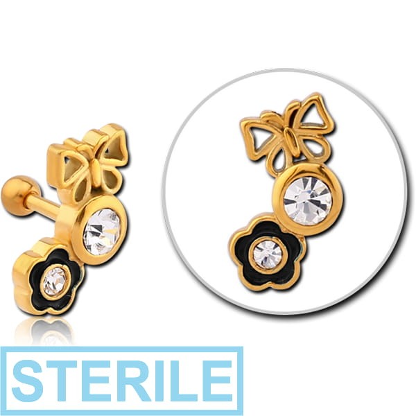 STERILE GOLD PVD COATED SURGICAL STEEL JEWELLED TRAGUS MICRO BARBELL WITH ENAMEL - BUTTERFLY DROP FLOWER