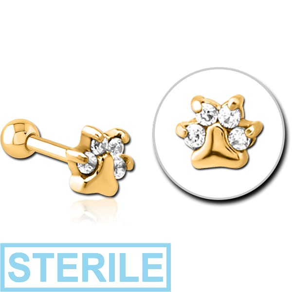 STERILE GOLD PVD COATED SURGICAL STEEL JEWELLED TRAGUS MICRO BARBELL - ANIMAL PAW