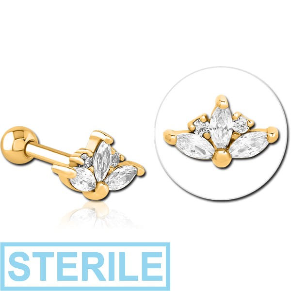 STERILE GOLD PVD COATED SURGICAL STEEL JEWELLED TRAGUS MICRO BARBELL