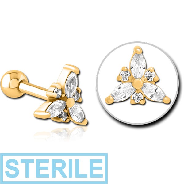 STERILE GOLD PVD COATED SURGICAL STEEL JEWELLED TRAGUS MICRO BARBELL - TRINITY