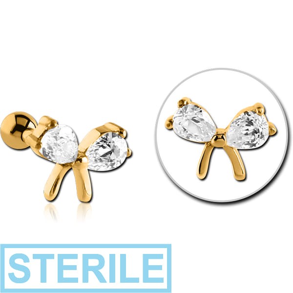 STERILE GOLD PVD COATED SURGICAL STEEL JEWELLED TRAGUS MICRO BARBELL - BOW