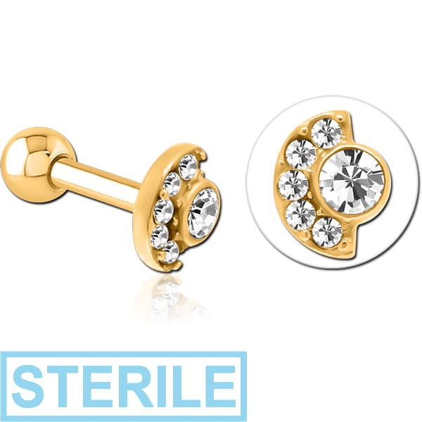 STERILE GOLD PVD COATED SURGICAL STEEL JEWELLED TRAGUS MICRO BARBELL - MOON AND STARS
