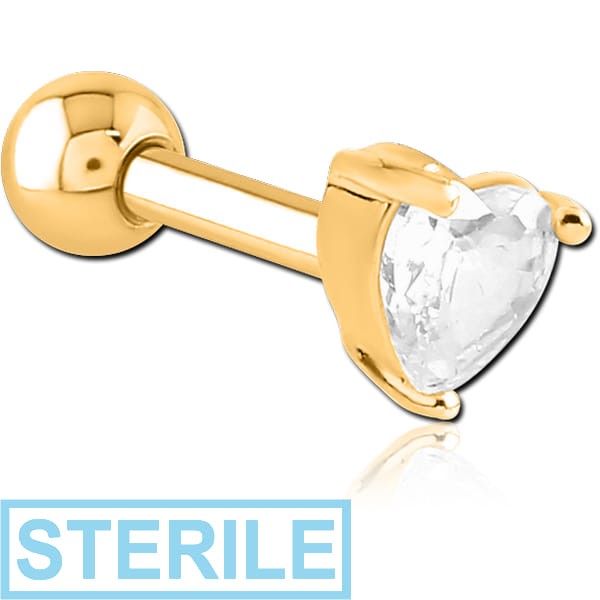 STERILE GOLD PVD COATED SURGICAL STEEL JEWELLED TRAGUS MICRO BARBELL - HEART