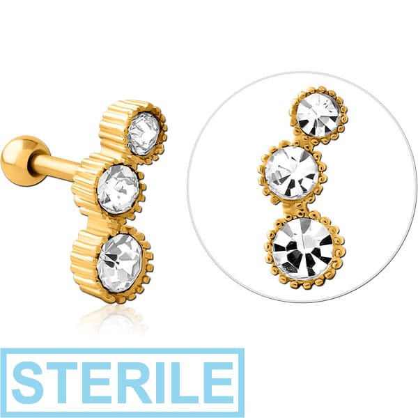 STERILE GOLD PVD COATED SURGICAL STEEL JEWELLED TRAGUS MICRO BARBELL