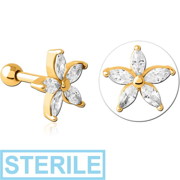 STERILE GOLD PVD COATED SURGICAL STEEL JEWELLED TRAGUS MICRO BARBELL - FLOWER