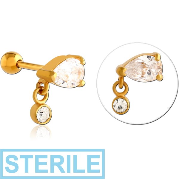 STERILE GOLD PVD COATED SURGICAL STEEL JEWELLED TRAGUS MICRO BARBELL