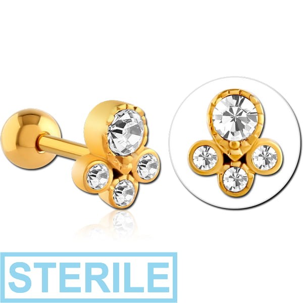 STERILE GOLD PVD COATED SURGICAL STEEL JEWELLED TRAGUS MICRO BARBELL