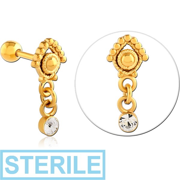 STERILE GOLD PVD COATED SURGICAL STEEL JEWELLED TRAGUS MICRO BARBELL