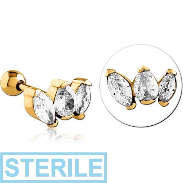 STERILE GOLD PVD COATED SURGICAL STEEL JEWELLED TRAGUS MICRO BARBELL
