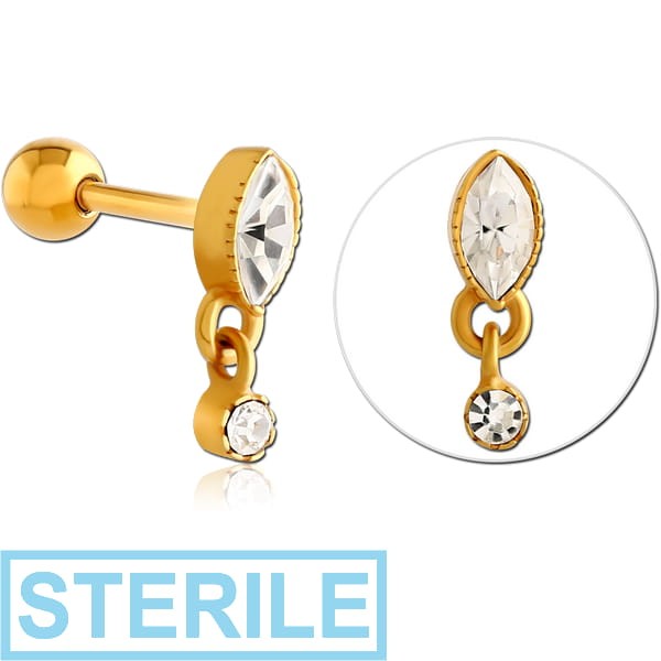 STERILE GOLD PVD COATED SURGICAL STEEL JEWELLED TRAGUS MICRO BARBELL