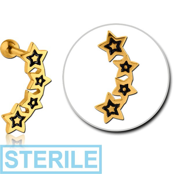 STERILE GOLD PVD COATED SURGICAL STEEL TRAGUS MICRO BARBELL WITH ENAMEL - FOUR STARS