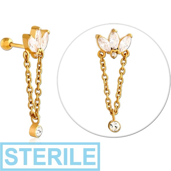 STERILE GOLD PVD COATED SURGICAL STEEL JEWELLED TRAGUS MICRO BARBELL