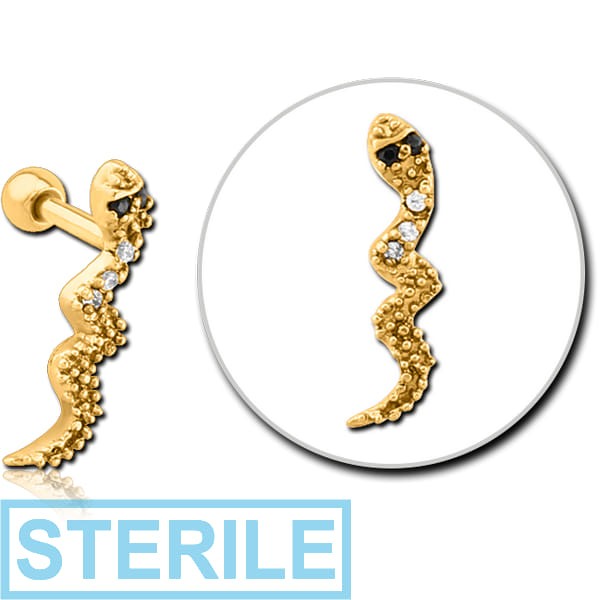 STERILE GOLD PVD COATED SURGICAL STEEL SNAKE JEWELLED TRAGUS MICRO BARBELL