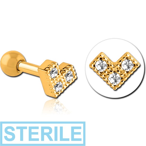 STERILE GOLD PVD COATED SURGICAL STEEL JEWELLED TRAGUS MICRO BARBELL - HEART V