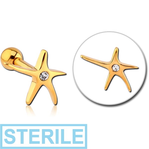 STERILE GOLD PVD COATED SURGICAL STEEL STAR JEWELLED TRAGUS MICRO BARBELL