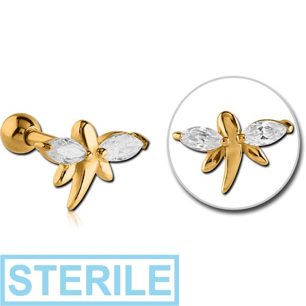 STERILE GOLD PVD COATED SURGICAL STEEL JEWELLED TRAGUS MICRO BARBELL - BUTTERFLY