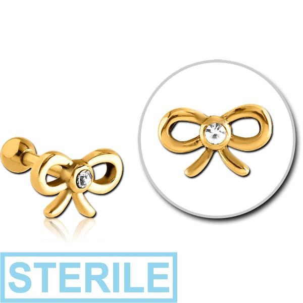 STERILE GOLD PVD COATED SURGICAL STEEL JEWELLED TRAGUS MICRO BARBELL - BOW TIE